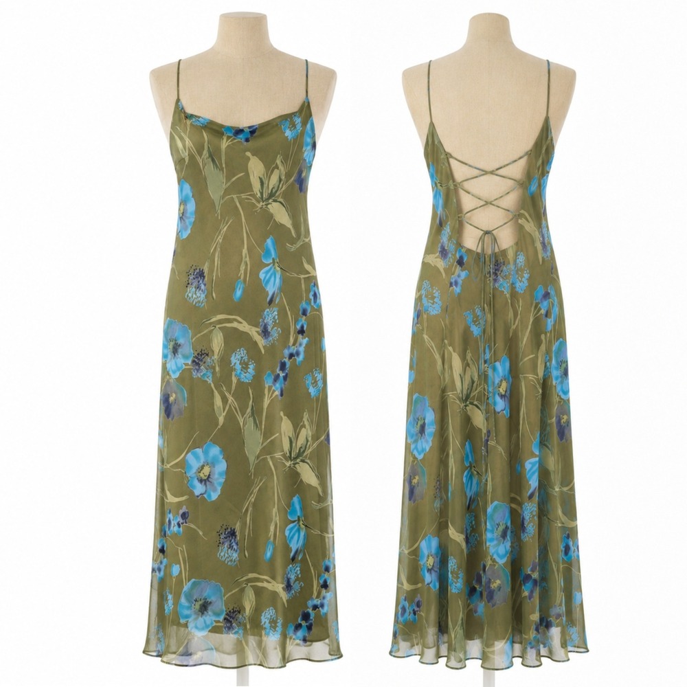 Vintage Y2K Floral Lace Up Slip Dress Sz L Forest Fairy Lined Whimsical Cocktail